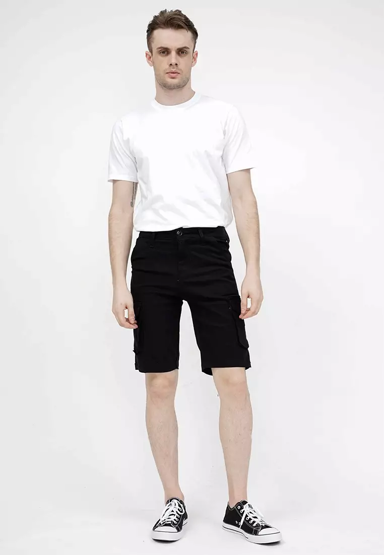 Celana pendek kargo pria cargo pants slim fit melar stretch houseofcuff Hitam
