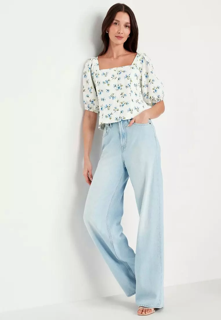 Puff-Sleeve Linen-Blend Floral Top