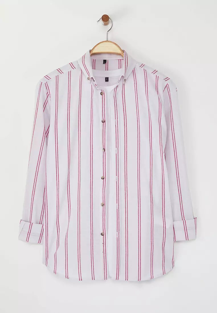 Claret Red*001 Slim Fit Button-down Collar Thin Striped Shirt TMNSS20GO0092