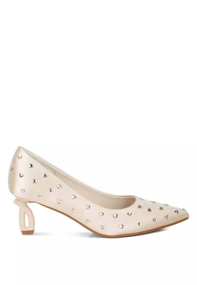 Discount on London Rag  shoes - SKU: Heart-Shaped Rhinestones Pumps in Beige