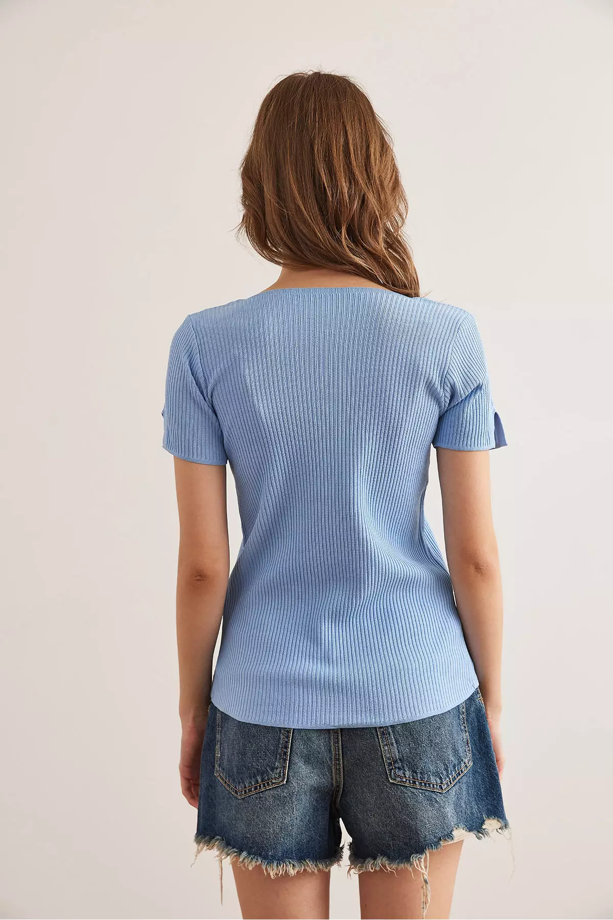 Women'S Baby Blue Collar And Sleeve Cutout Detailed Knitwear Blouse Blz- 19002884