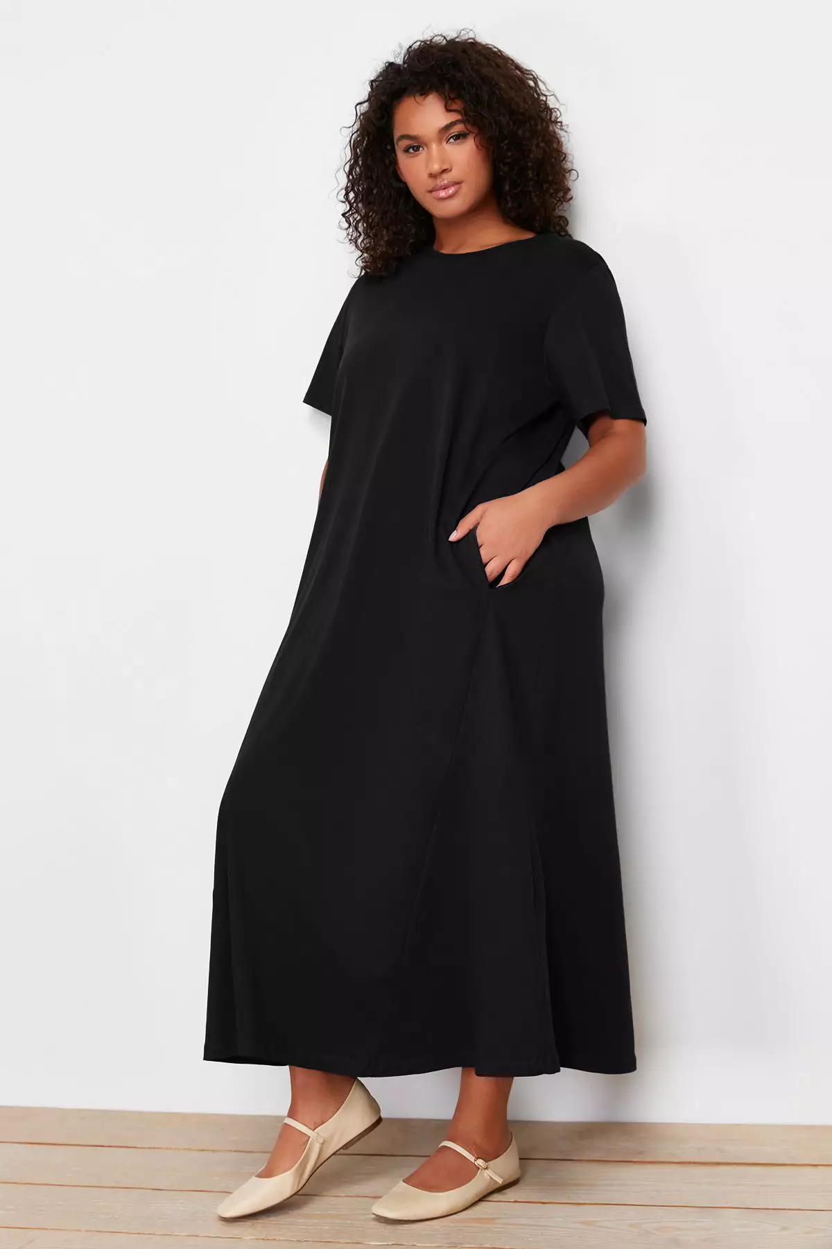Black Midi 100% Cotton Knitted T-shirt Dress TBBSS24AH00067