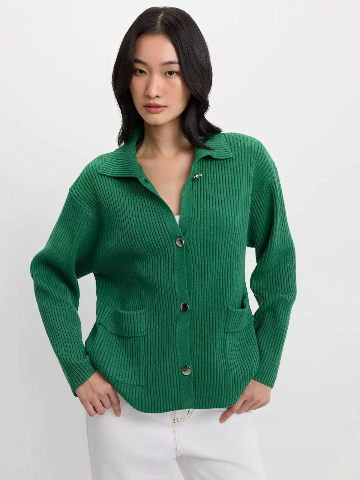 Pomelo - Cardigan Wanita - Ribbed Cardigan - Green