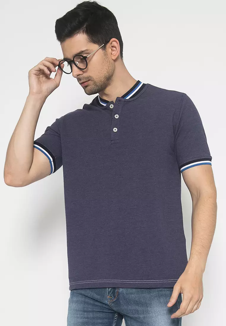 Johnwin - Kaos Casual - Kaos Lengan Pendek - Kerah Shanghai - Ungu - APS.621.M373.01.C-S/S