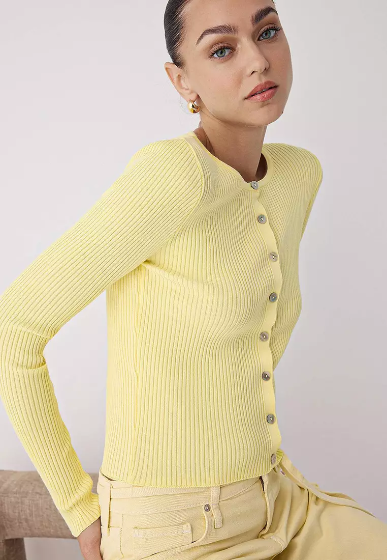 Yellow Mercerized Look Ribbed Knitwear Cardigan