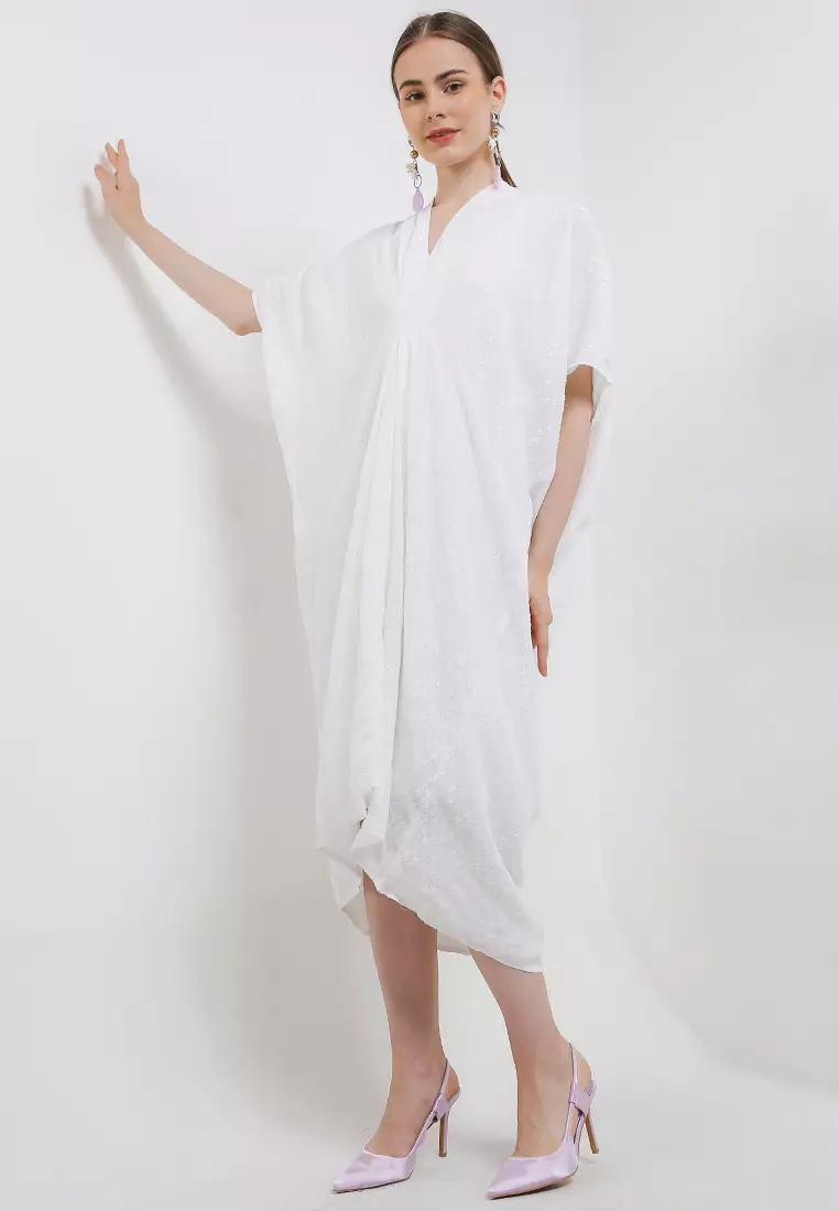 V Neck Glitter Jacq Pleats Kaftan