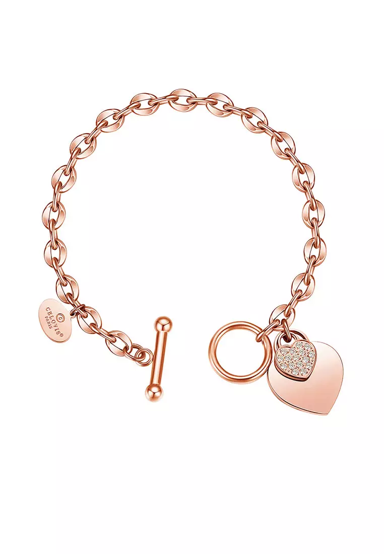 CELOVIS - La Devotion CZ Heart Tag Pendant Toggle Clasp Bracelet in Rose Gold