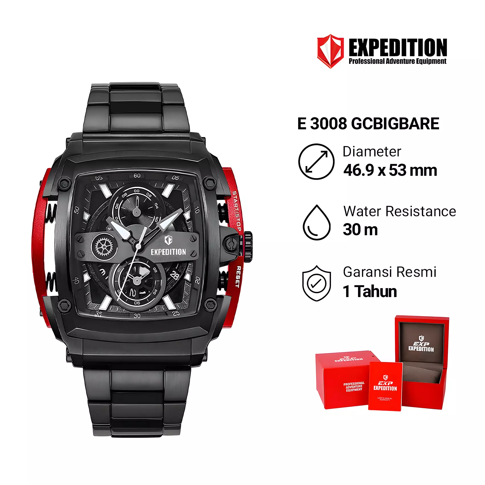 Expedition - Jam Tangan Chronograph Pria - Black Red - All Stainless Steel - 3008GCBIGBARE
