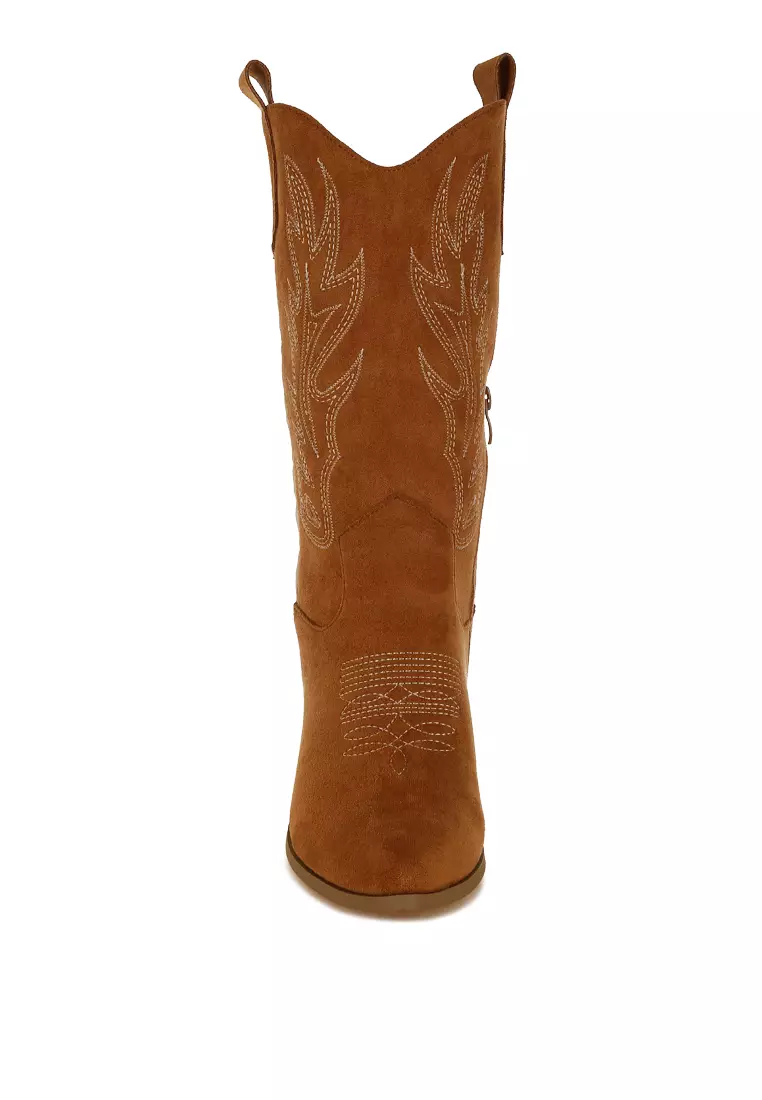 Embroidery Detail Cowboy Boots in Tan