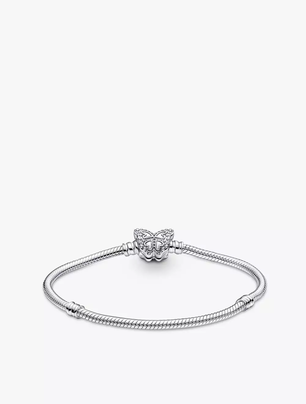 Snake chain sterling silver bracelet with butterfly clasp with clear cubic zirconia