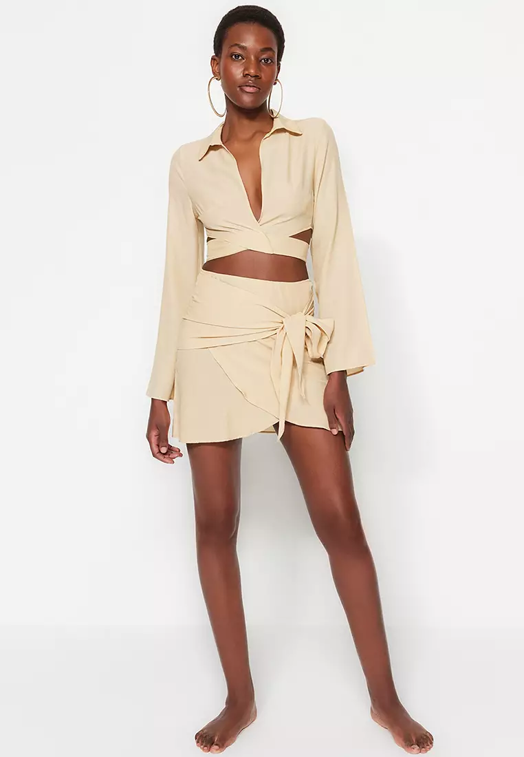 Buy Trendyol Beige Woven Tie Blouse and Skirt Set Online ZALORA