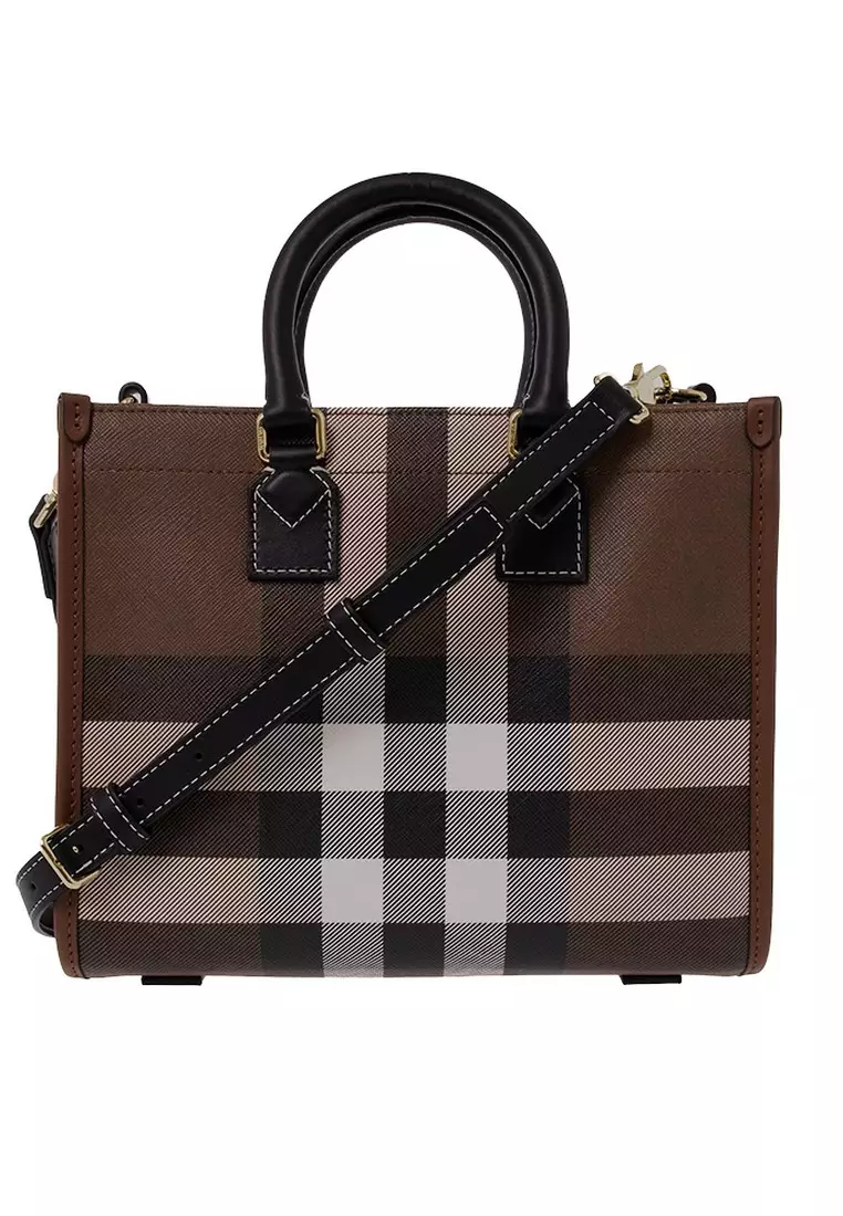 Burberry Check And Leather Mini Freya Tote Bag in Dark Birch