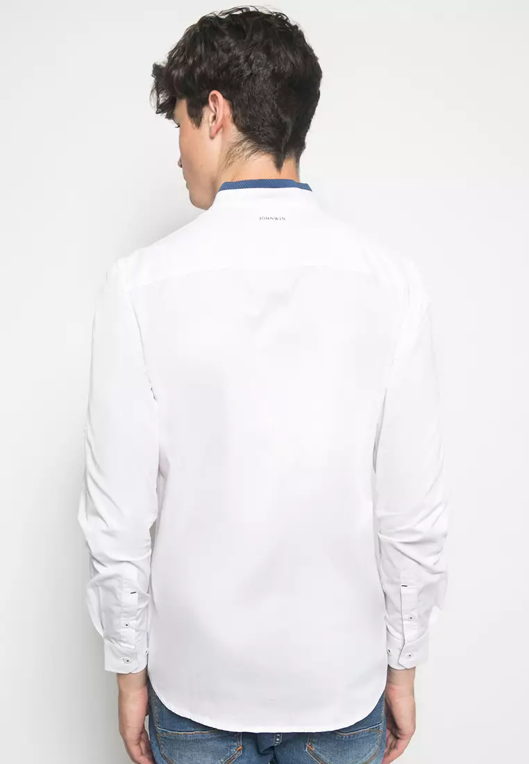 Johnwin - Slim Fit - Kemeja Casual Active - Polos - Kerah Shanghai - Putih