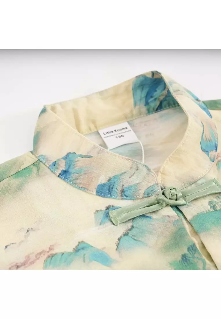 中國山水畫男童唐裝漢服套裝上衣短褲拜年服0836