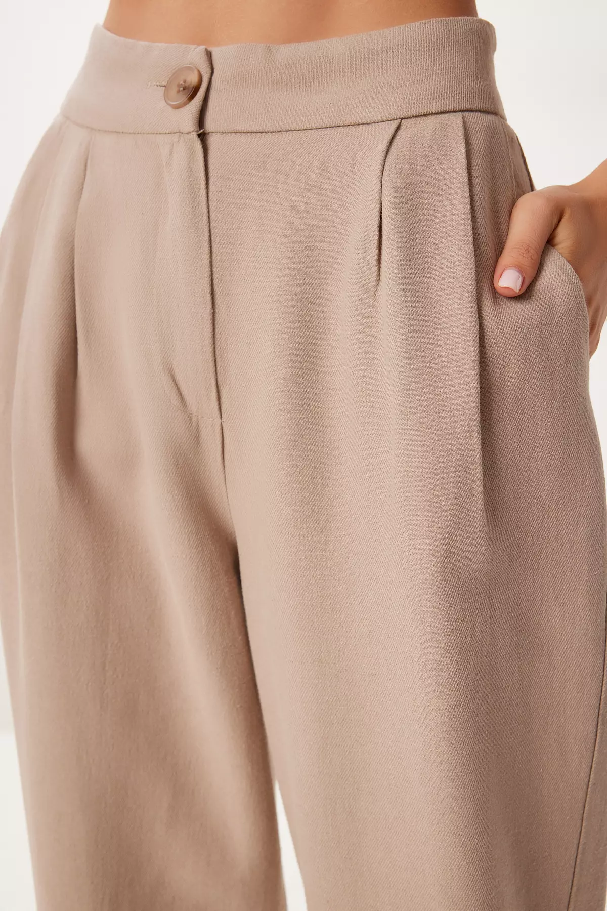 Women's Beige Pocket Linen Shalwar Trousers Bv00164