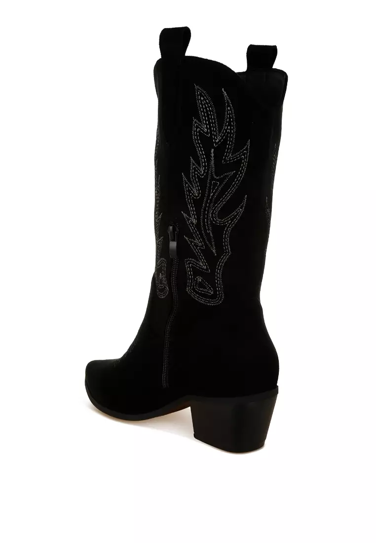 Embroidery Detail Cowboy Boots in Black