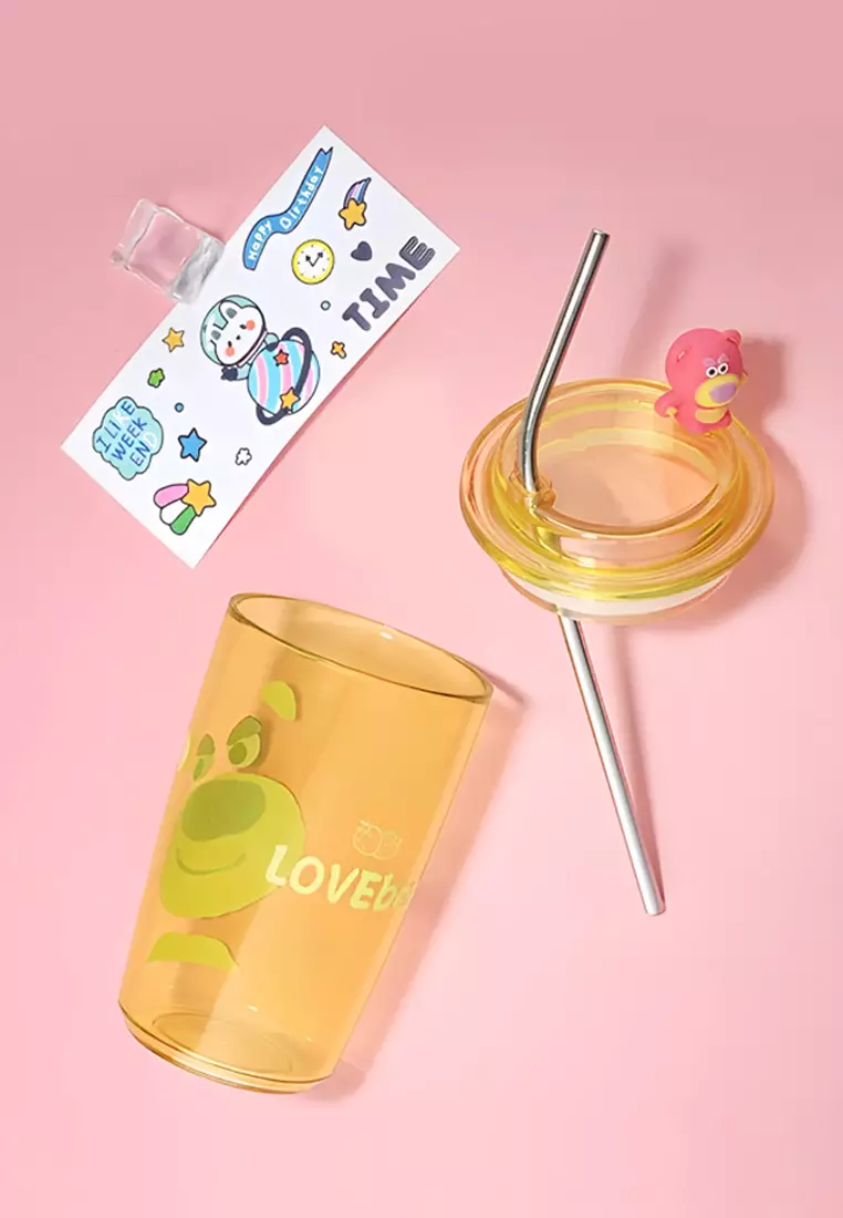 Wakakids Gelas Minum Plastik Transparan Botol Aesthetic Karakter dengan Sedotan Free Sticker 400ml K330 Venrz Pink