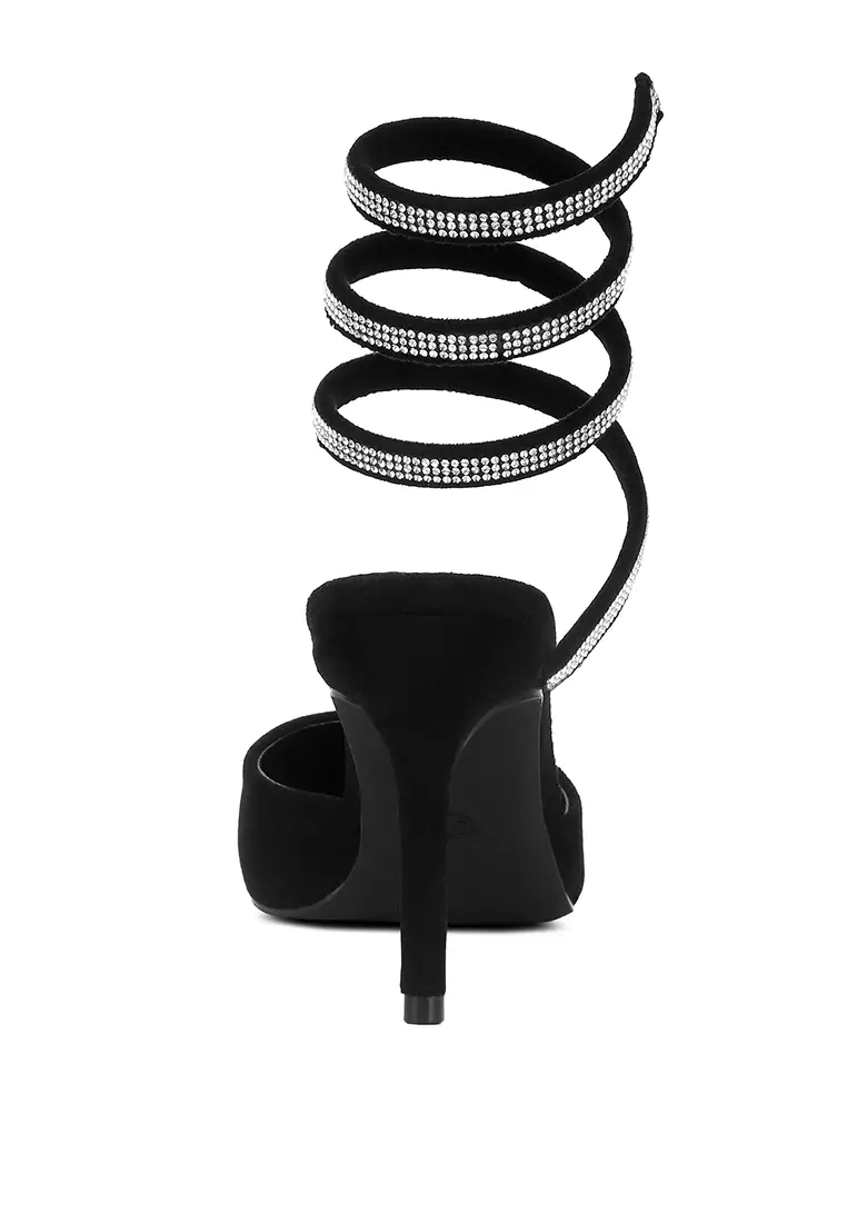 Black Rhinestone Embellished Strap Up Sandals