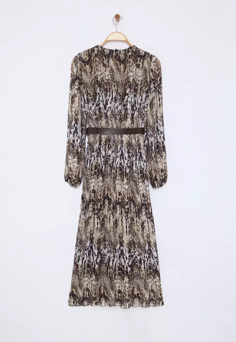 Plisse Belted Midi Dress