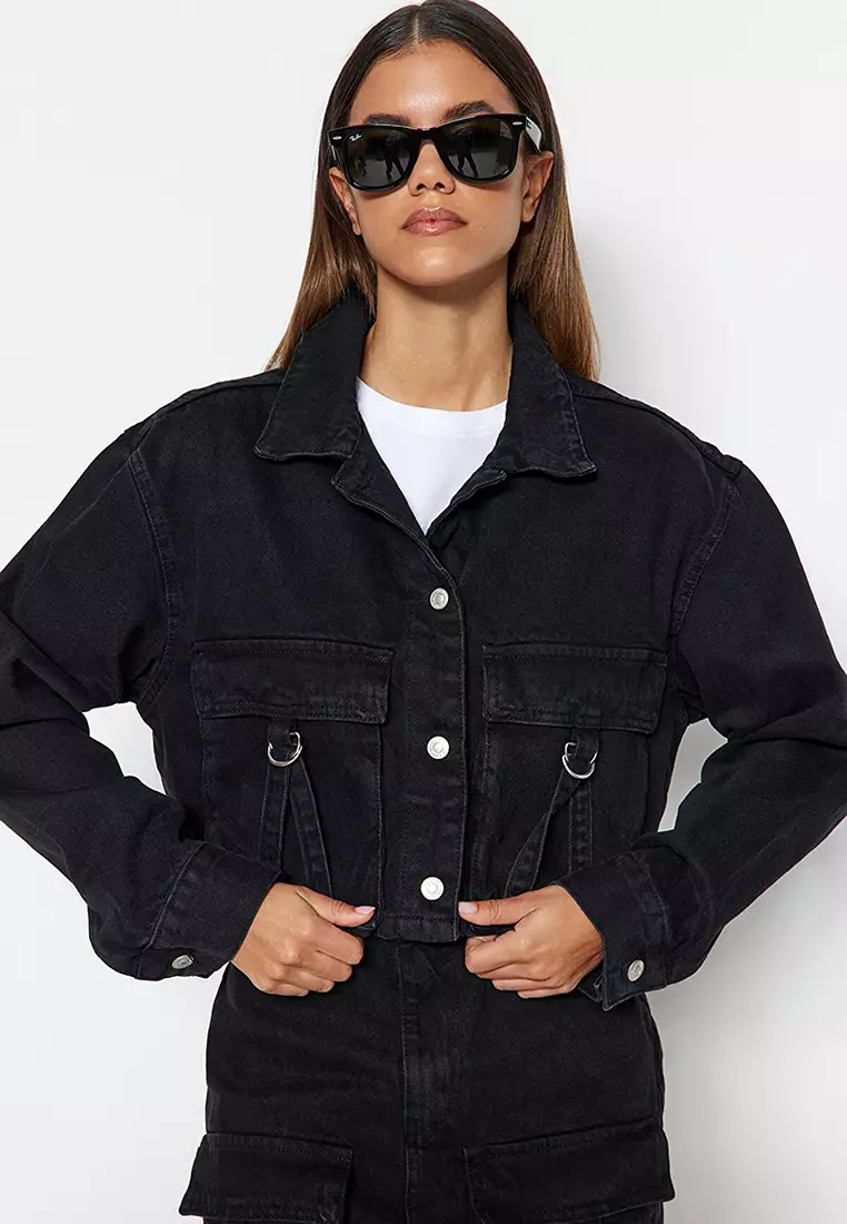 Black belted denim outlet jacket