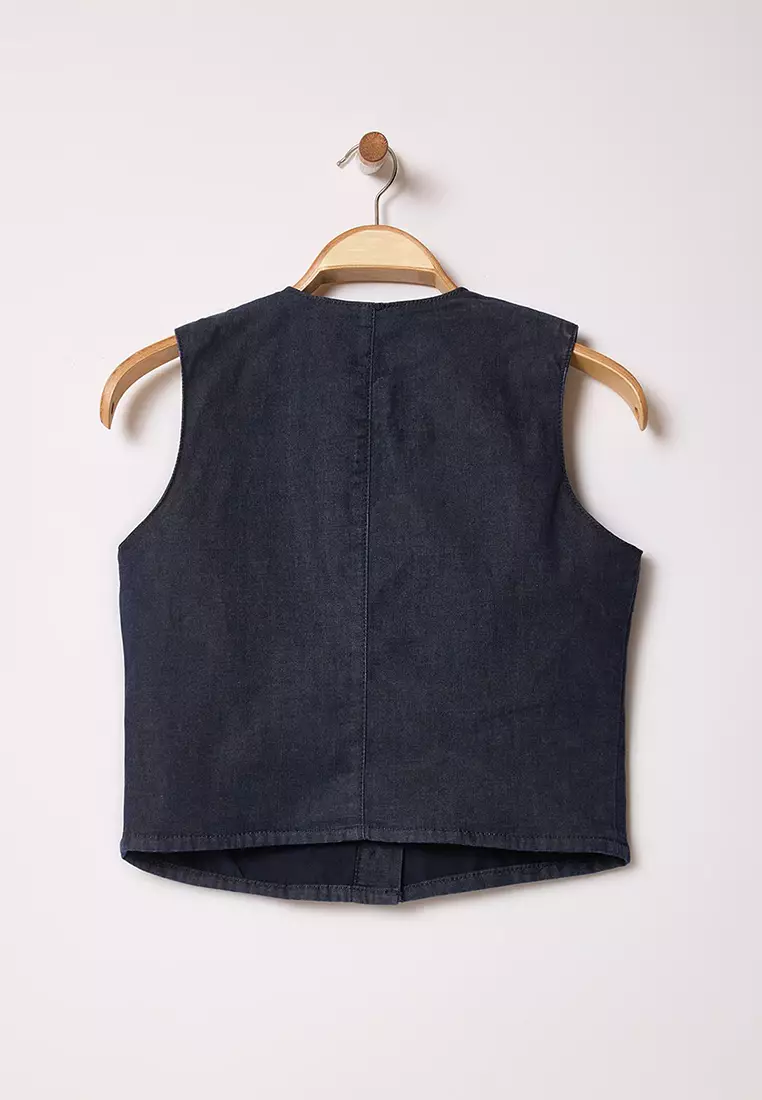 Dark Blue Crop Fitted Denim Vest TWOSS25YE00002