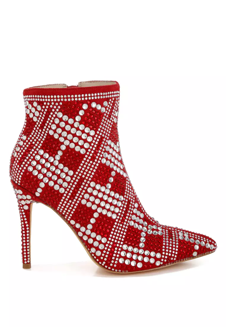 Discount on London Rag  shoes - SKU: Rhinestones Studded Stiletto Heel Boots in Red