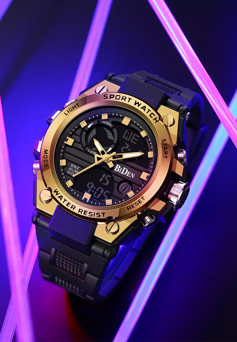 Jam Tangan Pria Digital&Analog Olahraga Militer Pria Tali Silikon Tahan Air Luminous Jam Tangan Cowok Original emas