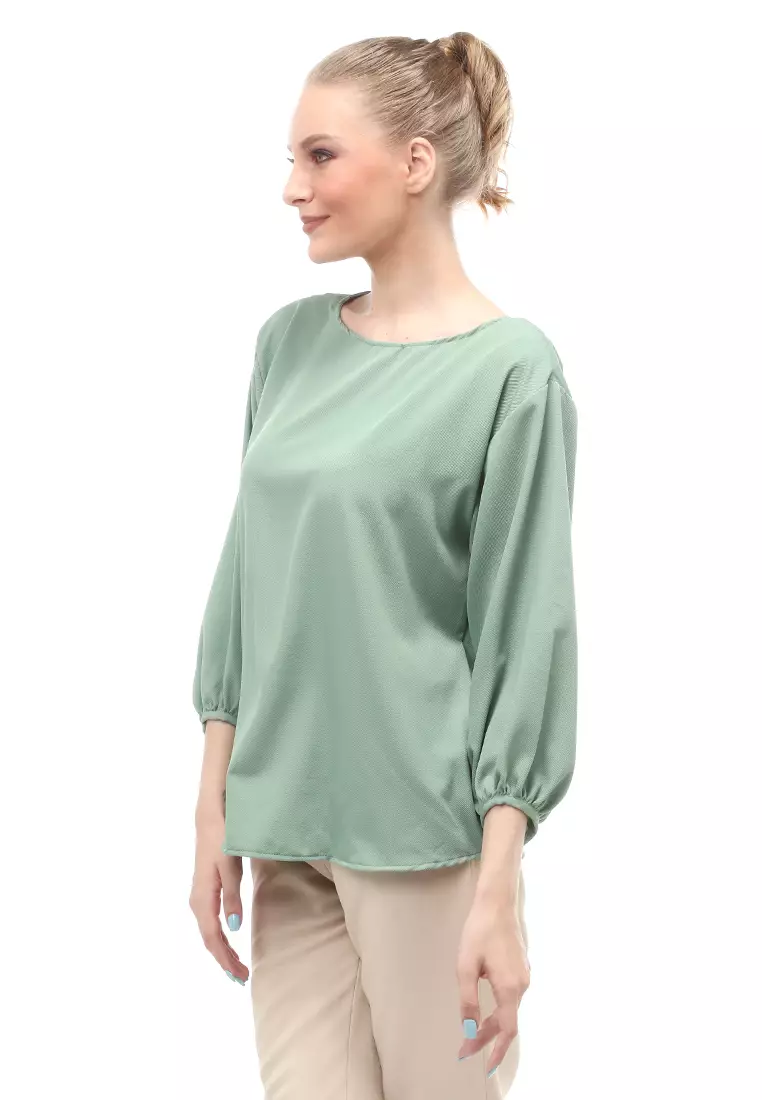 Blouse Lengan Balon Motif Solid Design Simple Regular Fit - Minty Green