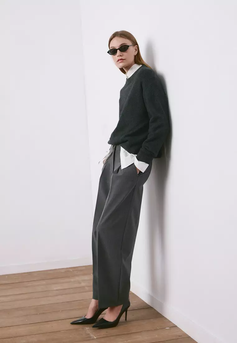 直管剪裁褶飾長褲