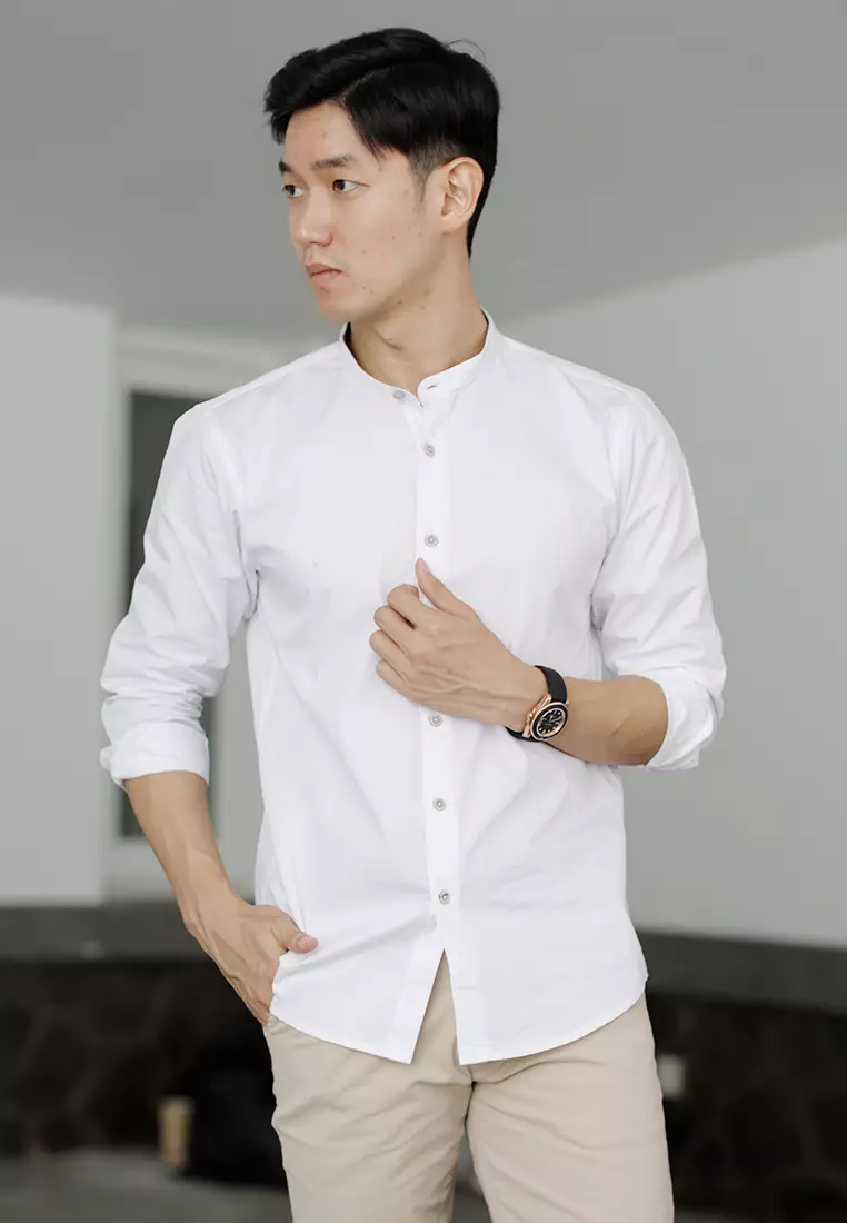 Kemeja tangan panjang Collarless koko cotton oxcon white