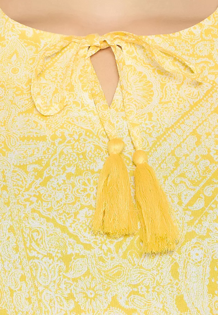 Clovia Printed Peplum Top & Pyjama Set in Yellow - Rayon