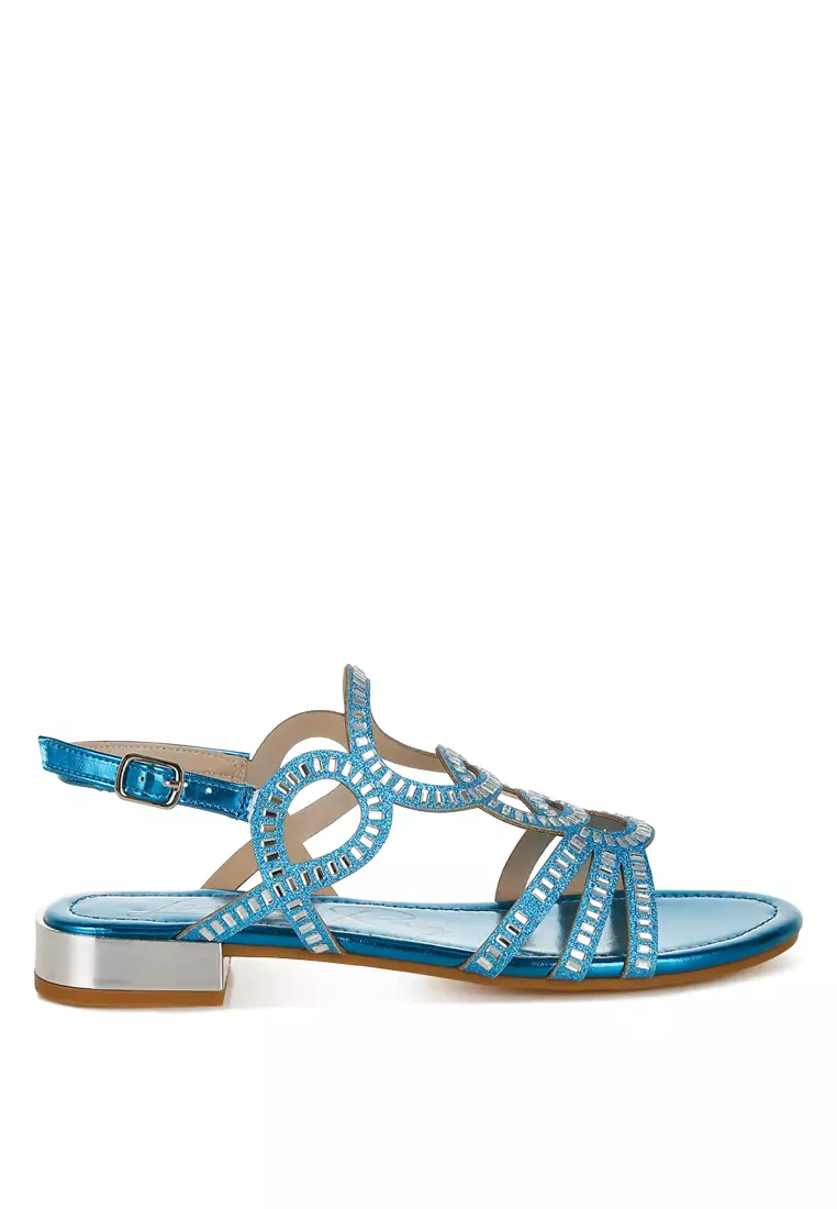 Discount on London Rag  shoes - SKU: Cut Out Detail Rhinestone Flat Sandals in Denim Blue