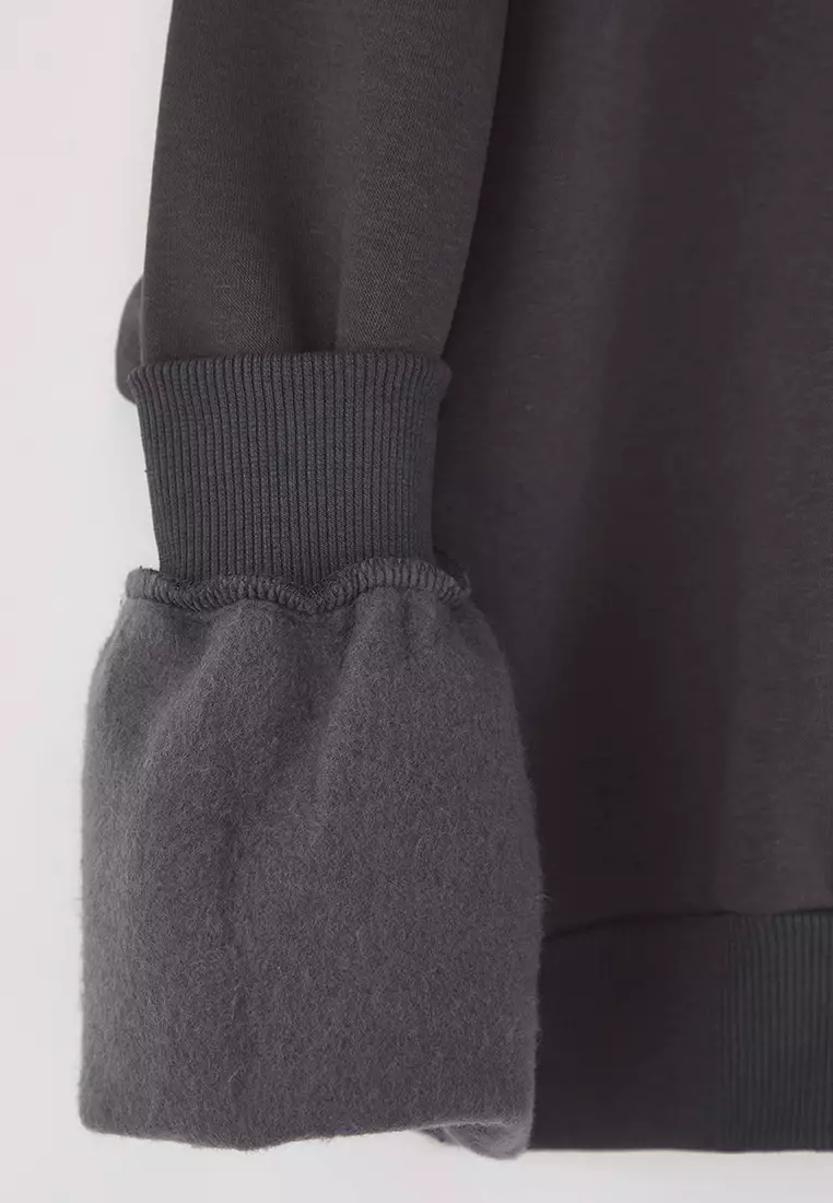 Anthracite Relaxed Cut Crop Zippered Stand Collar Thick Polar Fleece Knitted Sweatshirt