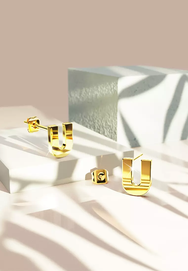 Bold Alphabet Letter Initial Charm Earrings in Gold Tone - U