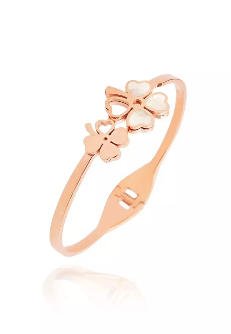 Liliane Four Leaf Clover Flower Cuff with White Mother Pearl Inlay on Engravable Spring Hinged Bangle in Rose Gold
