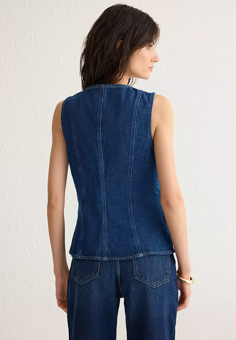 Dark Blue Gold Buttoned Stitch Detailed Denim Vest