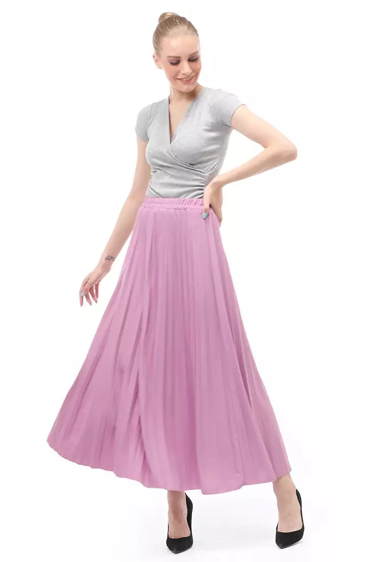 Skirt Plisket Bawahan Wanita Motif Polos Relaxed Fit - Lavender