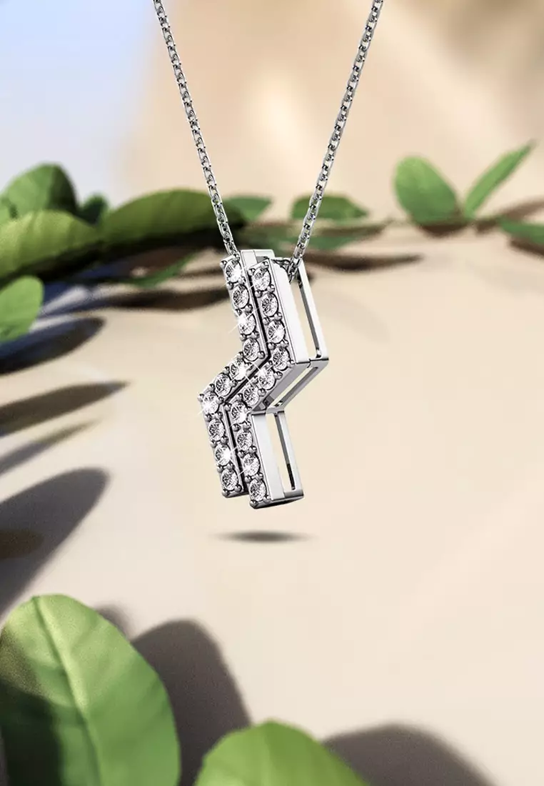 Zigzag Pendant Necklace in White Gold Embellished with Swarovski crystals