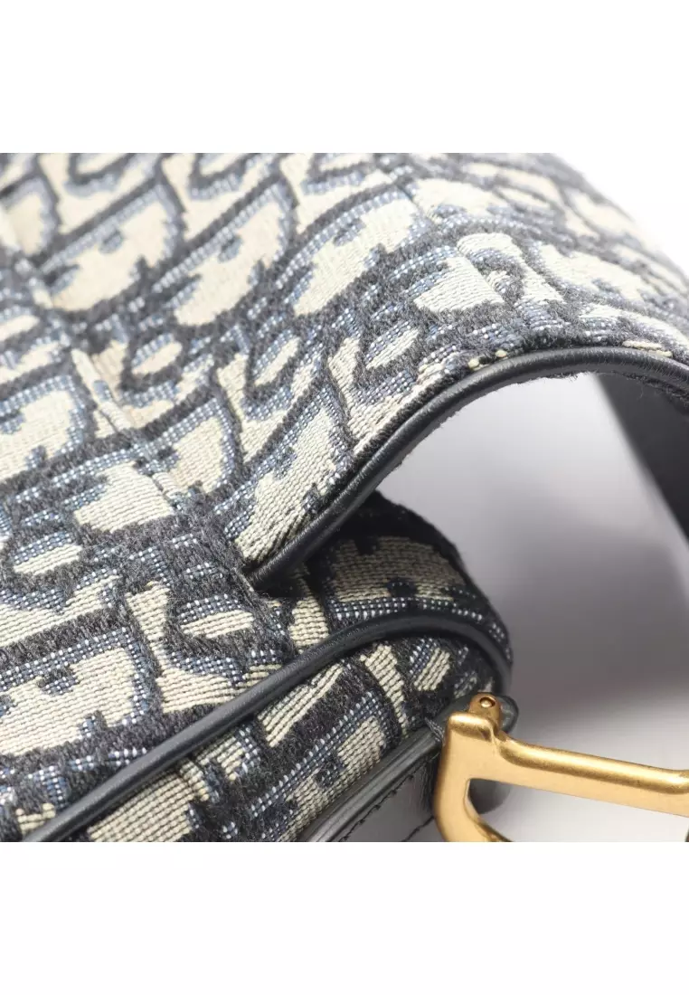 Pre-Loved Christian Dior saddle bag mini oblique jacquard Handbag canvas leather ivory Navy