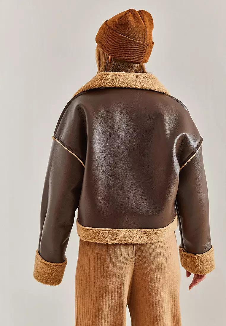 Furry Leather Coat with Side Pockets