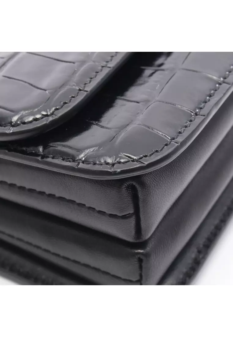 Pre-Loved BALENCIAGA bead dot croc embossed Shoulder bag leather black