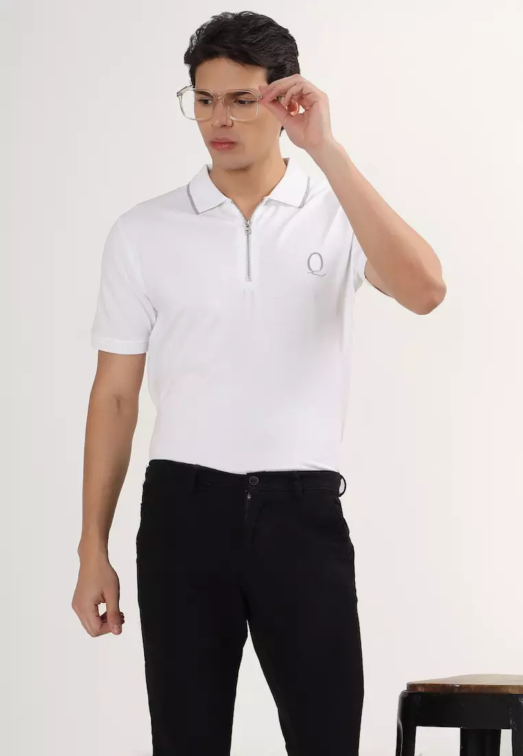 男款白灰色翻领袖口棉质 Polo 衫/T 恤，拉链款，短袖，运动服，休闲装