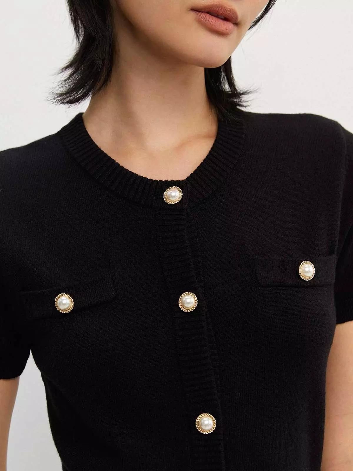 Pearl Button Knitted Mini Dress - Black