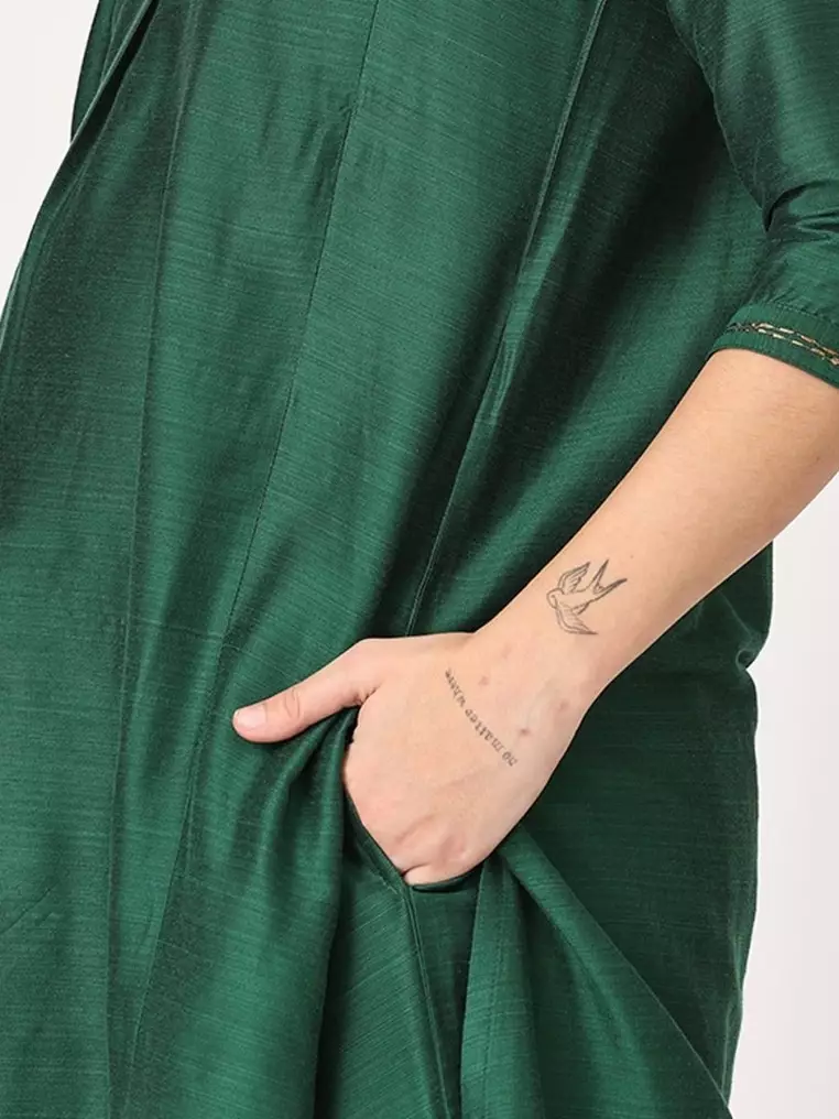 Maternity Silk Kurta Set with Nursing - Green