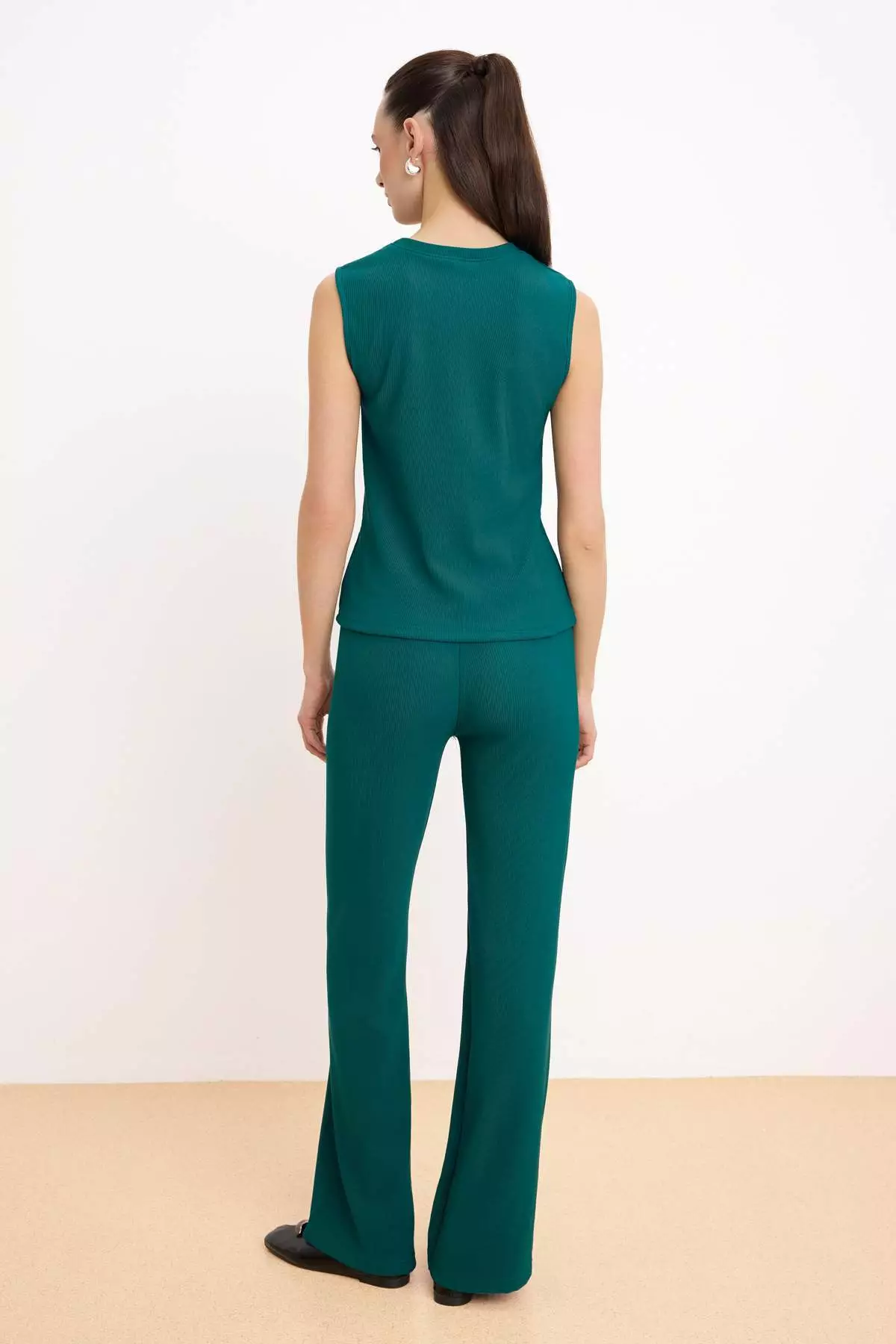 Emerald Green Silver Button Accessory Zero Sleeve Top Pants Knitted Bottom - Top Set Twoaw26Au83