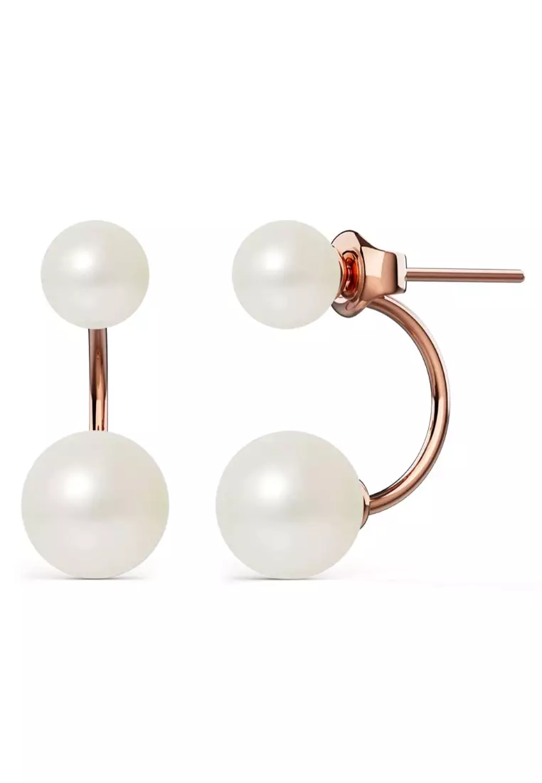 Rose Gold Duo Pearl Stud Earrings Embellished with SWAROVSKI® Crystal Pearl