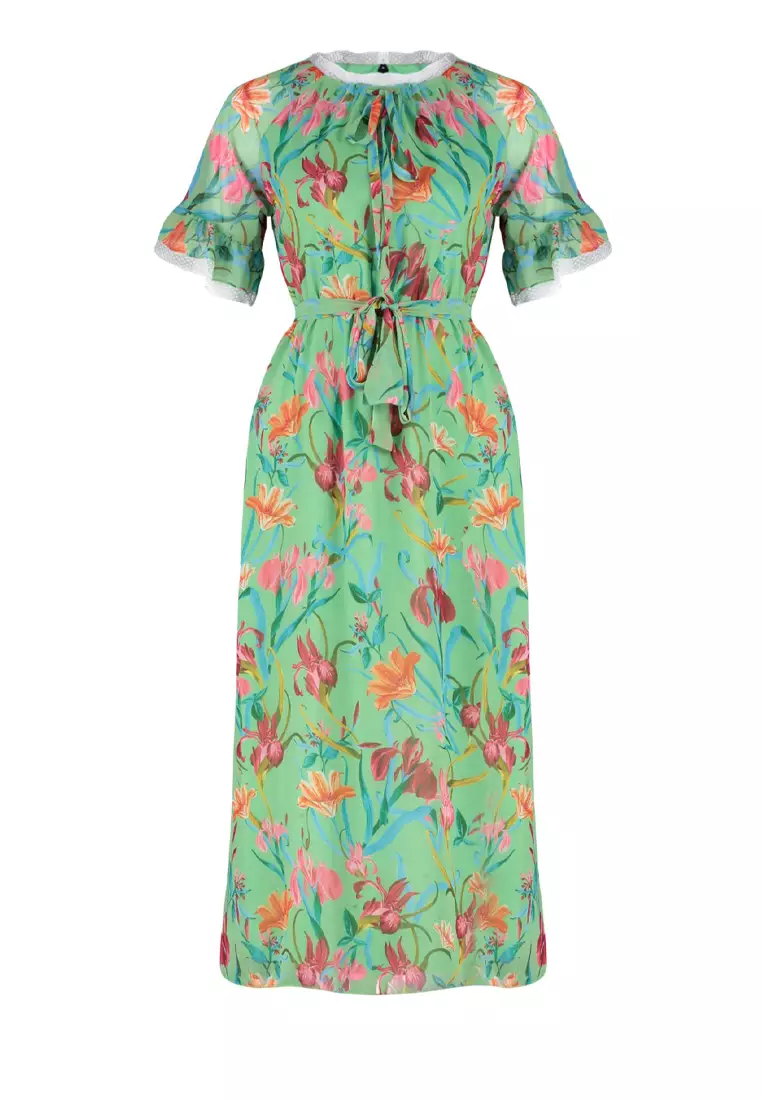 Green Floral Half Sleeve Collar Ruffle Detailed Lined Chiffon Dress TCTSS24EB00007