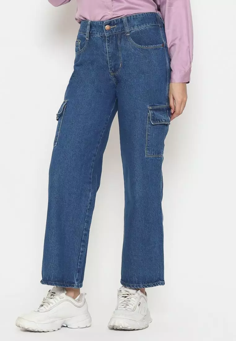 Fitwear Studio - Highwaist Cargo Kulot Jeans VIONZY - BLUE DENIM PLAIN