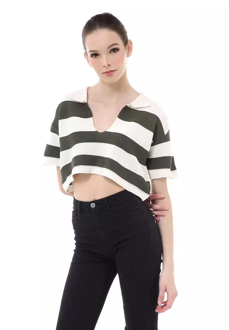 Albertine Atasan Crop Wanita Lengan Pendek Motif Salur Material Rajut ORIGINAL - Army Green