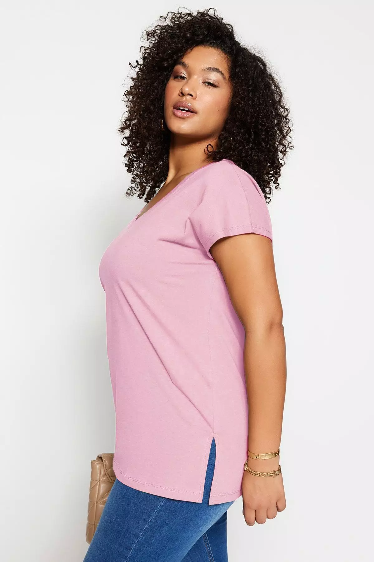 Pink Boyfriend V Neck Slit 100% Cotton Knitted T-Shirt TBBSS22BF0036